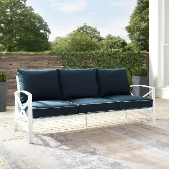 Kaplan Outdoor Metal Sofa White with Navy Cushions - Crosley image {6}