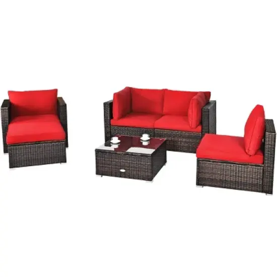 Tangkula 6PCS Rattan Patio Furniture Set Cushioned Sofa Chair Ottoman Turquoise/Red/Navy/Black/White image {10}