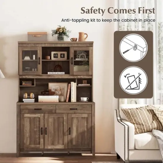 Costway Kitchen Pantry Cabinet with Microwave Countertop Double Glass Doors 2 Drawers image {6}