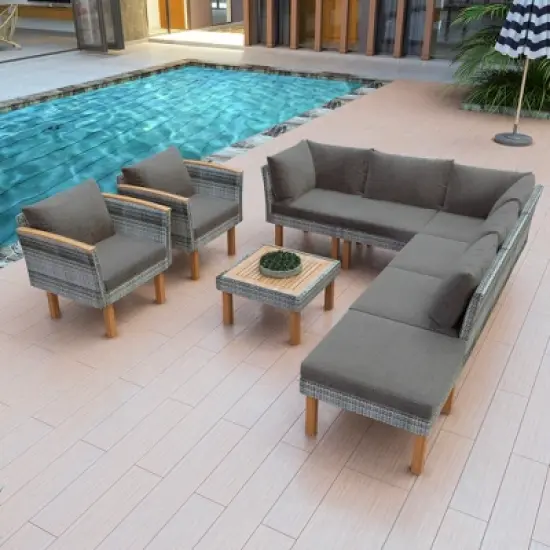 FIONECA 9-Piece PE Rattan Patio Furniture Set with Acacia Wood Legs & Tabletop, Sectional Sofa Set with Cushions & Coffee Table, Gray image {14}