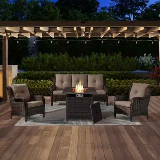 4 Pieces Patio Furniture Set with Fire Pit Table, Outdoor Sofa Set with 50000 BTU Fire Pit All Weather Wicker Patio Couch and Club Chair image {12}