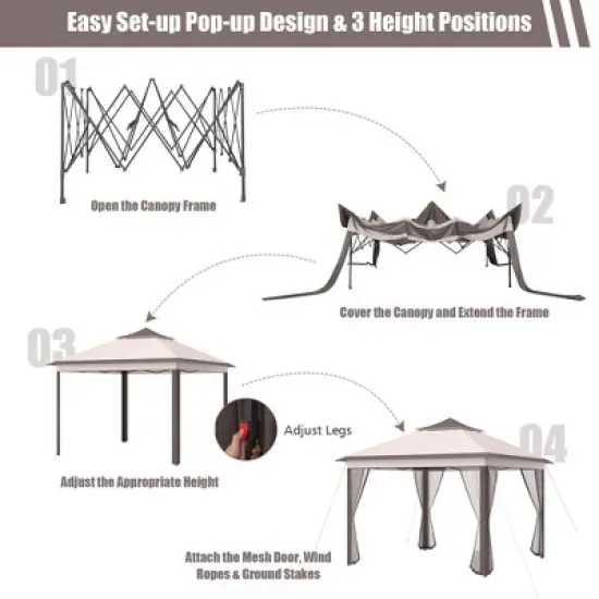 Tangkula 11 x 11 ft Pop up Gazebo 2-Tier Patio Canopy Tent Shelter w/ Carrying Bag Beige/Brown image {3}