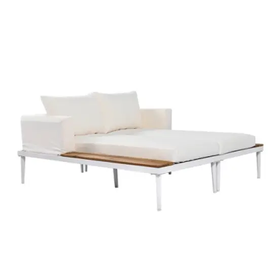 FIONECA Modern Outdoor Daybed with Wood Side Tables, 2-in-1 Chaise Lounge with Cushions for Patio, Poolside, Balcony, Beige image {11}