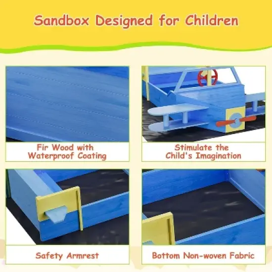 Airplane Wooden Sandbox &ndash; Kids Outdoor Sandpit with Drainage Liner, Foldable Benches & Playful Design for Backyard, Ages 4+ image {4}