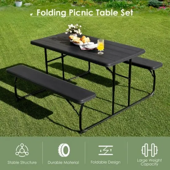 Costway Folding Picnic Table & Bench Set for Camping BBQ w/ Steel Frame White/Balck image {4}