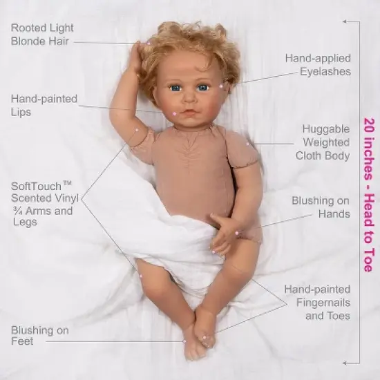 Paradise Galleries Reborn Toddler Girl Doll Lovey, 20 inch with Medium Skin Tone, Light Blonde Hair and Blue Eyes, Made in SoftTouch Vinyl image {3}