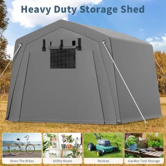 Portable Carport Storage Shed with Roll-up Zipper Door, Heavy Duty Waterproof Tarp, Storage for Motorcycle, Bike, Garden Tools, Gray image {3}