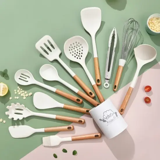 SUGIFT 13-Piece Silicone Kitchen Utensil Set with Wooden Handles &ndash; Heat-Resistant Cooking Tools with Storage Bucket image {1}