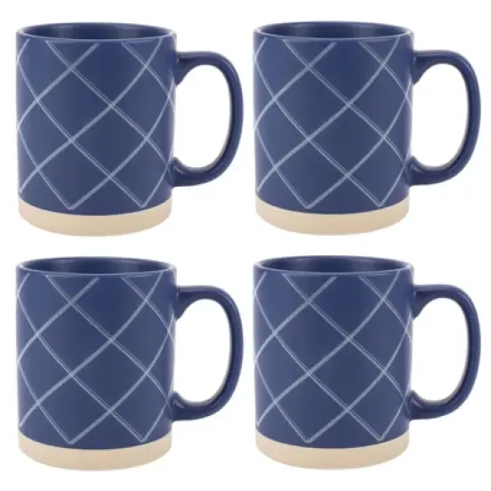 Elanze Designs Modern Plaid Raw Clay Bottom Navy Blue 16 ounce Ceramic Coffee Mugs Set of 4 image {5}