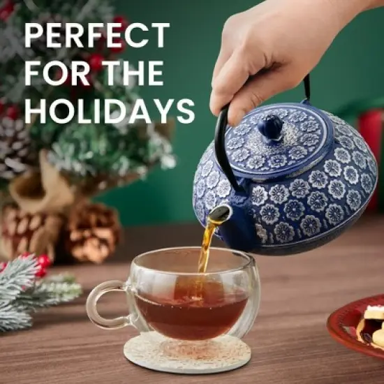 Juvale Japanese Cast Iron Teapot with Infuser for Loose Leaf and Tea Bags, Kettle Includes Handle and Lid (Blue, 34oz) image {1}