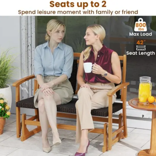 Tangkula Patio Rattan Glider Bench Swing Gliding Rocker for 2 w/ Acacia Wood Frame image {5}