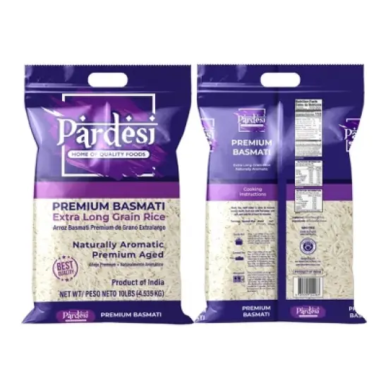 Pardesi Basmati Rice 10LB, Extra Long Grain - Premium Quality, Aromatic Flavor, Soft Texture, Perfect Cooking Choice Perfect for all cuisines. image {1}