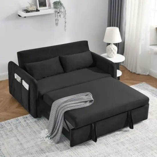 55" Pull Out Sleeper Sofa Bed, Velvet Upholstered Loveseat Sofa with Adjustable Backrest and Pillows-ModernLuxe image {1}