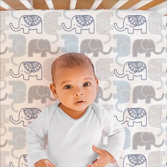 The Peanutshell Fitted Crib Sheet for Baby Boys' - Navy and Gray Jungle Elephant image {1}