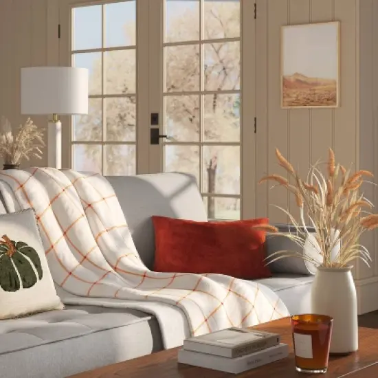 Windowpane Plush with Shearling Reverse Throw Blanket Cream/Orange - Threshold&trade; image {1}