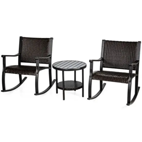 Tangkula 3-Piece Wicker Rocking Bistro Set Outdoor Conversation Set with Coffee Table image {5}