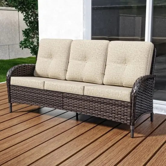 UPTIOT 3-seat Outdoor Rattan Sofa With Cushions image {2}