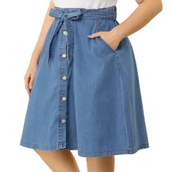 Agnes Orinda Women's Plus Size Denim Tie Waist Button Front A-Line Midi Skirts image {6}