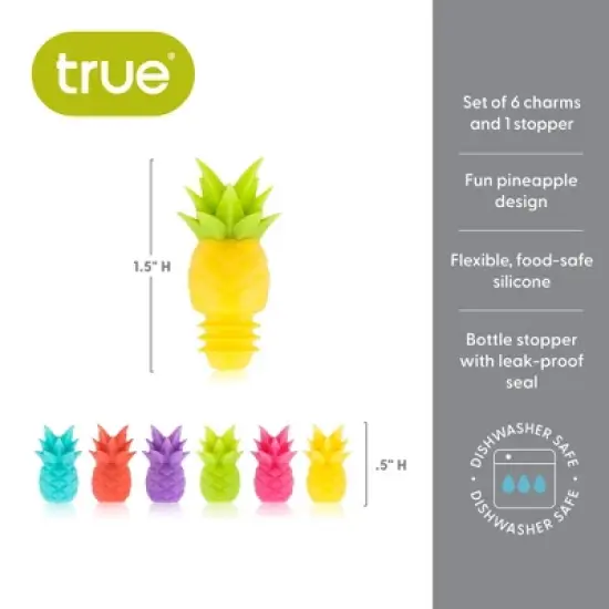 True Pineapple Wine Glass Charms and Drink Markers with Bottle Stopper Set, Silicone, Set of 1 Bottle stopper and 6 Drink Charms, Multi Colored image {2}