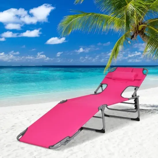 Costway Outdoor Beach Lounge Chair Folding Chaise Lounge with Pillow Blue\Blue&Green\Black\Grey\Turquoise\Pink\Beige\Light Pink image {16}