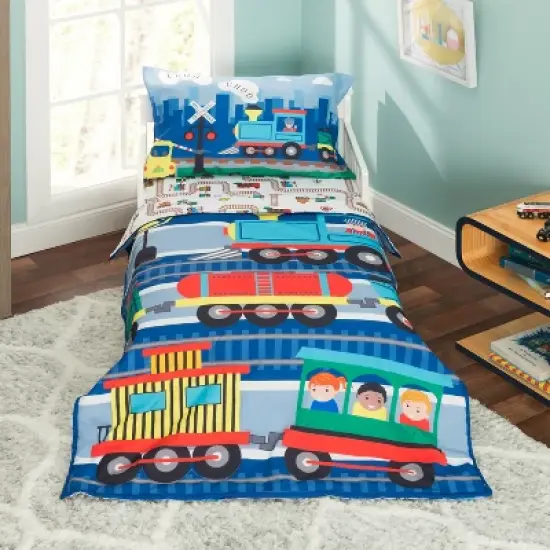 EVERYDAY KIDS 4 Piece Toddler Bedding Set -Choo Choo Train- Includes Comforter, Flat Sheet, Fitted Sheet and Reversible Pillowcase image {11}