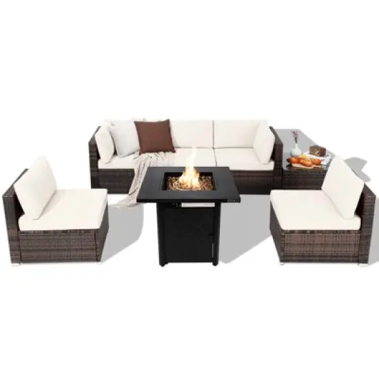 Tangkula Set of 7 Patio Furniture Set w/ 28" 50000 BTU Propane Gas Fire Pit Table Cushions image {6}