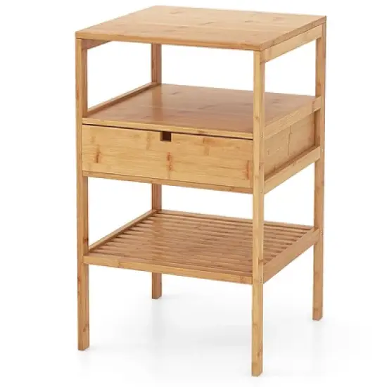 Tangkula Bamboo Nightstand w/ Pull-out Drawer & Storage Shelf Wood Natural image {9}