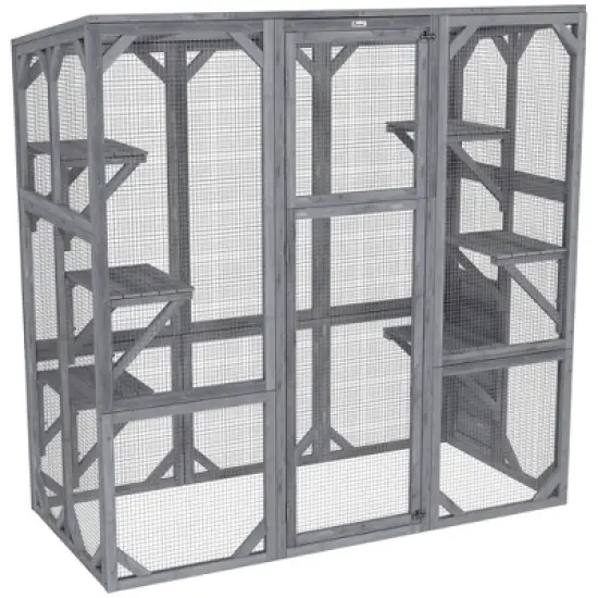 PawHut Catio Outdoor Cat Enclosure, Large Wooden Cat House with 6 Jumping Platforms, Weatherproof Roof, for 1-3 Cats, 59" x 28" x 60", Gray image {3}