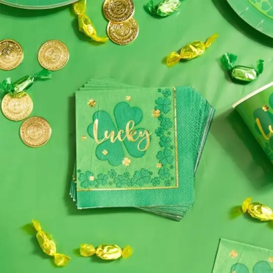 Sparkle and Bash 50 Pack St Patricks Green Four Leaf Clover-Themed Lucky Disposable Cocktail Paper Napkins image {1}