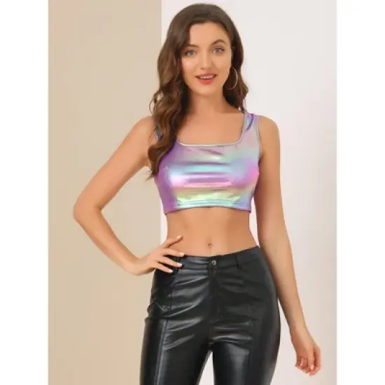 Allegra K Women's U Neck Sleeveless Party Clubwear Shiny Metallic Crop Tank Tops image {1}
