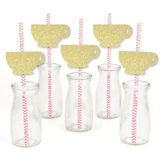 Big Dot of Happiness Gold Glitter Tea Cup Party Straws - No-Mess Real Gold Glitter Cut-Outs and Decorative Garden Tea Party Paper Straws - Set of 24 image {1}
