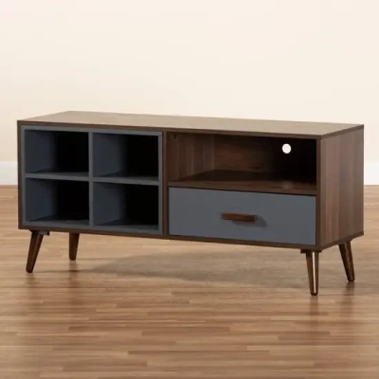 Garrick Two-Toned Wood 1 Drawer TV Stand for TVs up to 50" Gray/Walnut Brown - Baxton Studio image {8}