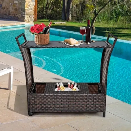 Costway Patio Rattan Bar Serving Cart Wheels Ice Bucket Glass Top Handle Garden image {2}