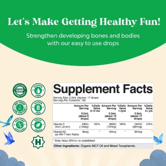 Kids Vitamin D3 K2 Drops, Organic Vitamin D for Strong Bones & Joints, Infants, Babies & Toddler Immunity Liquid Supplement, Nature's Craft, 60ml image {2}