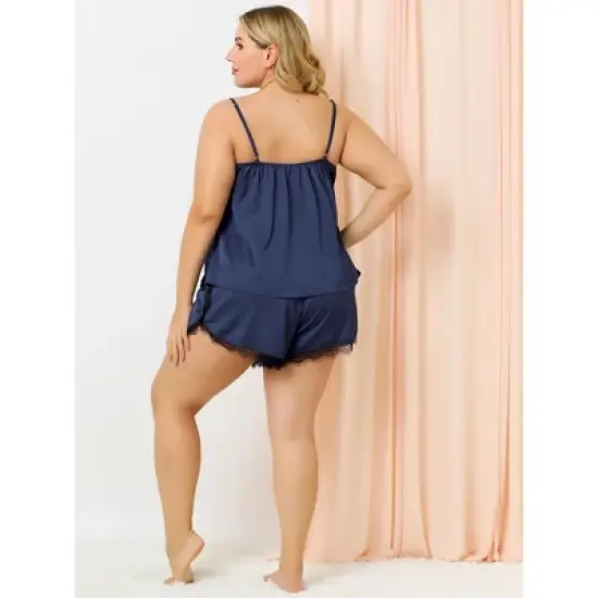 Agnes Orinda Women's Plus Size Lace Panel Elastic Waist Camisole Pajama Set image {4}