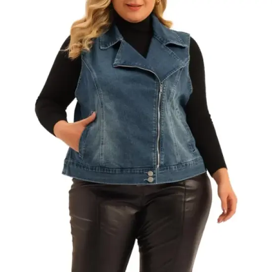 Agnes Orinda Women's Plus Size Zip Up Washed Denim Motorcycle Sleeveless Jean Vest image {5}