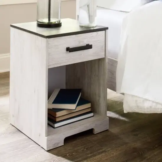 Shawburn Nightstand Black/Gray/White - Signature Design by Ashley: Pewter-Tone Hardware, Open Cubby Storage, Laminated Finish image {1}