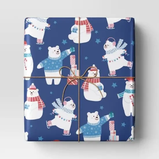 30" 50 sq ft Christmas Roll Wrap Polar Bears on Blue - Wondershop&trade; image {1}