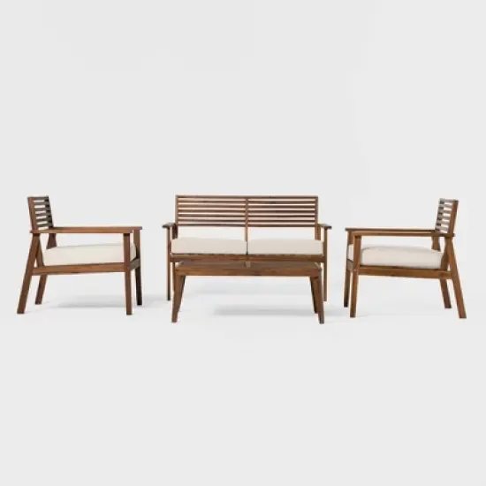Saracina Home 4pc Mid-Century Modern Slatted Acacia Outdoor Patio Conversation Furniture Set image {8}