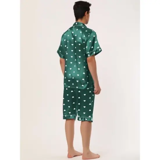 Lars Amadeus Men's Satin Pajama Set Cute Heart Print Button Down Short Sleepwear Loungewear Pjs Sets image {3}