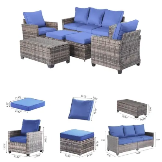 Decksplore 6-Piece All-Weather Wicker Patio Furniture Set & Coffee Table Outdoor Conversation Set with Cushions for Garden, Deck image {3}
