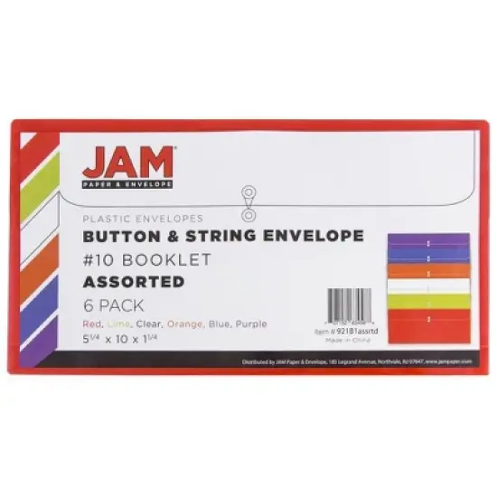 JAM Paper 5 1/4'' x 10'' 6pk Plastic Envelopes with Button and String Tie Closure - Multicolor image {1}