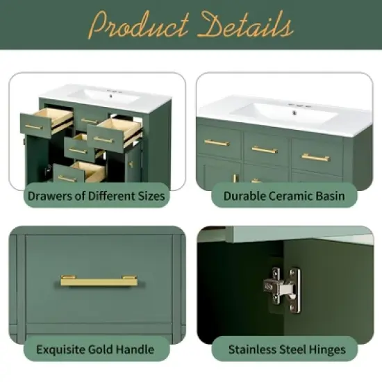 36" Freestanding Bathroom Vanity With Ceramic Sink, 2 Cabinets and 4 Drawers, Green 4W - ModernLuxe image {2}