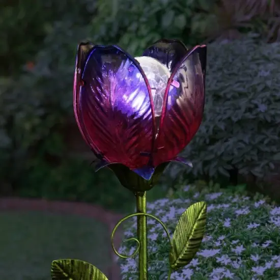35.8" Metal and Glass Solar Flower Stake Purple - Exhart image {1}