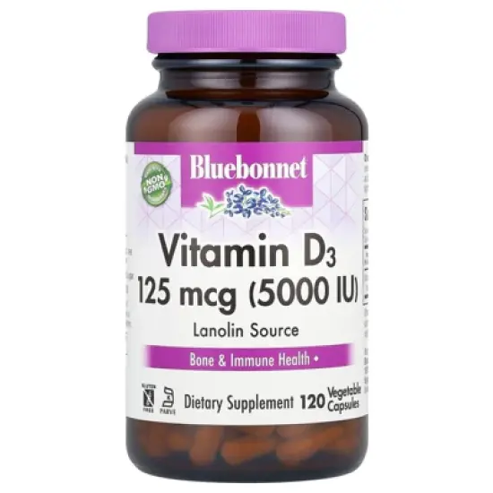 Bluebonnet Nutrition Vitamin D3, 125 mcg (5,000 IU), 120 Vegetable Capsules image {3}