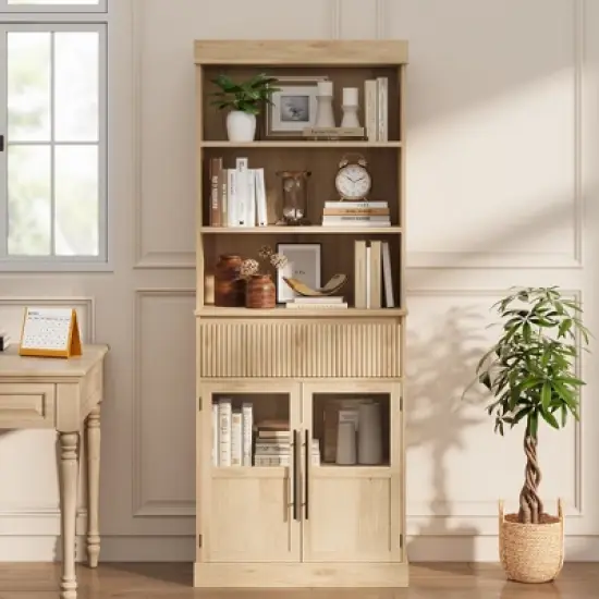 70" Tall Kitchen Pantry Cabinet, Storage Cabinet with Fluted Drawer & Glass Doors, Floor Cabinet for Office, Living Room, Entryway image {7}