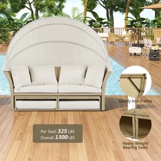 57" Outdoor Patio PE Rattan Round Daybed Sunbed with Retractable Canopy and 4 Pillows image {5}