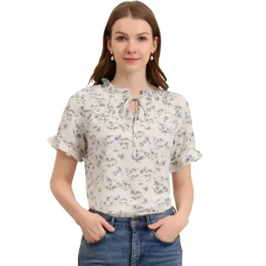Allegra K Women's Floral Tie Neck Ruffle Short Sleeves Peasant Blouse Top image {6}