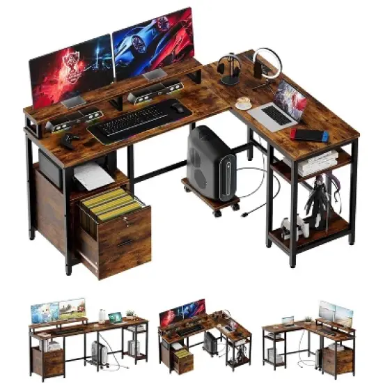 GustoWave 67" L-Shaped Computer Desk with File Drawer,Corner Office Desk, Includes Monitor Shelf, Printer Storage, and Mobile CPU Stand, Gaming Table image {3}