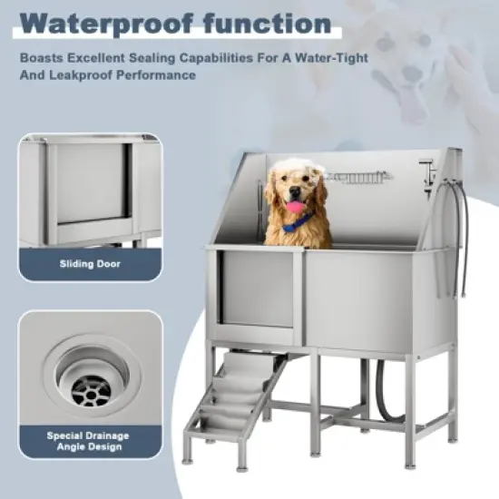 Pet Bath Tub - 50'' Professional Stainless Steel with Retractable Stairs, Faucet/Showerhead, Washing Gloves, for Large/Medium/Small Pets image {3}